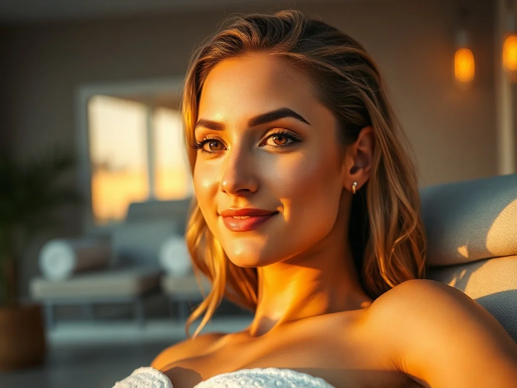 Kobieta z opaloną skórą odpoczywająca na leżaku w nowoczesnym spa po sesji w solarium.