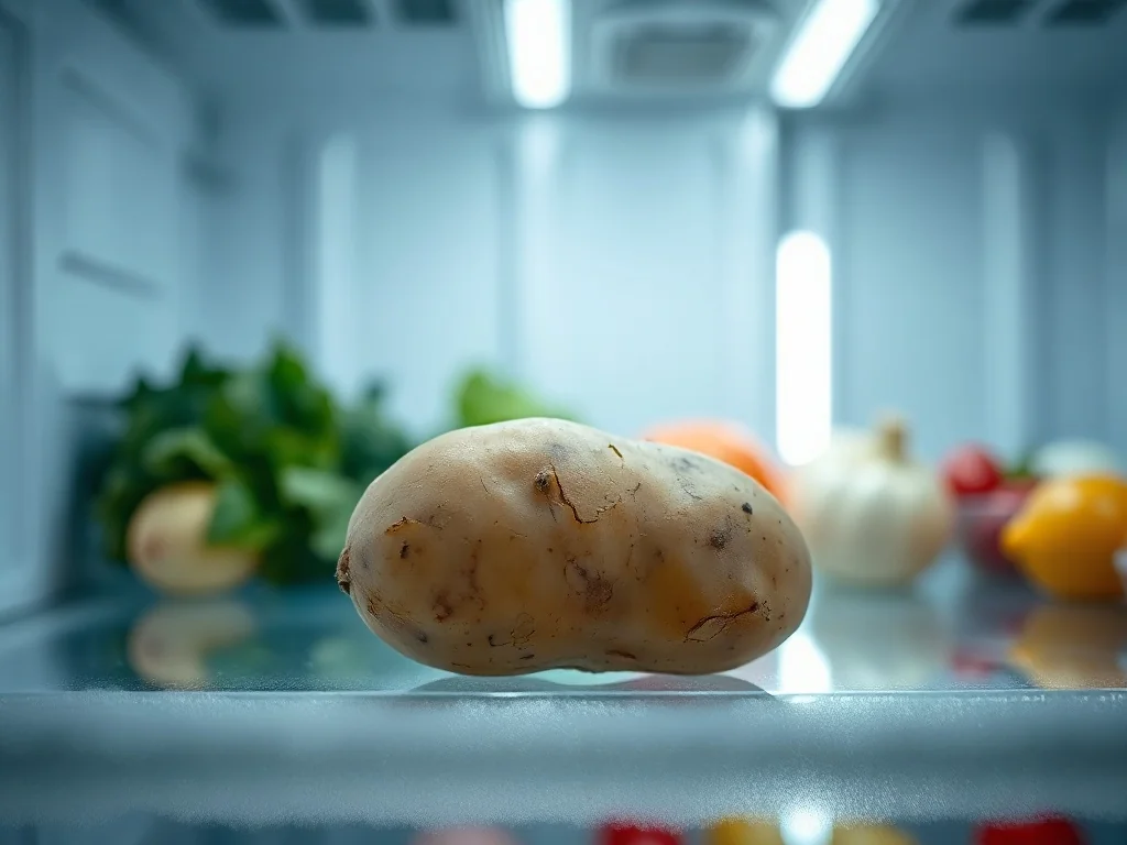 Surowy ziemniak leżący na oszronionej półce w lodówce w otoczeniu świeżych produktów.