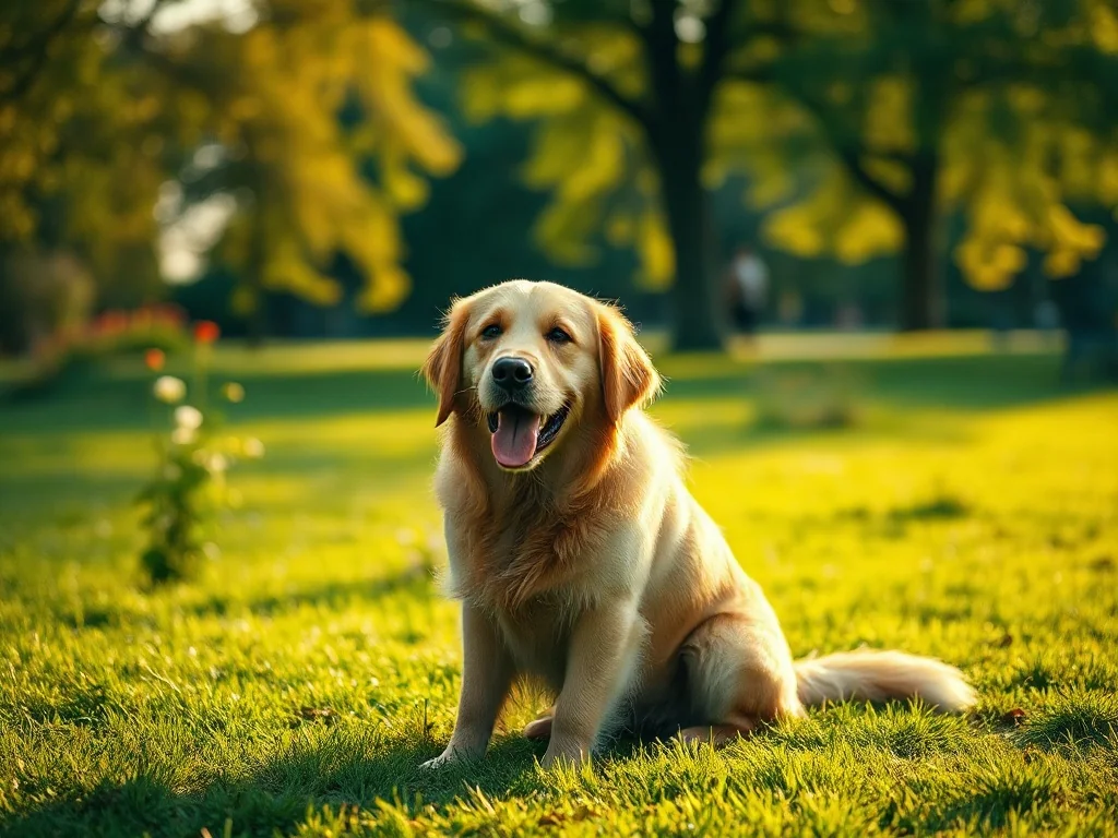 Szczęśliwy Golden Retriever siedzący na zielonej łące w słonecznym parku, podkreślający radosny charakter Dnia Psa.